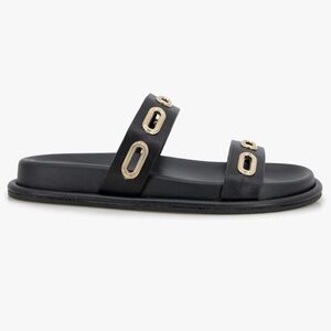 Splendid Claudia slide sandals in black leather with gold-tone oval grommets. 9